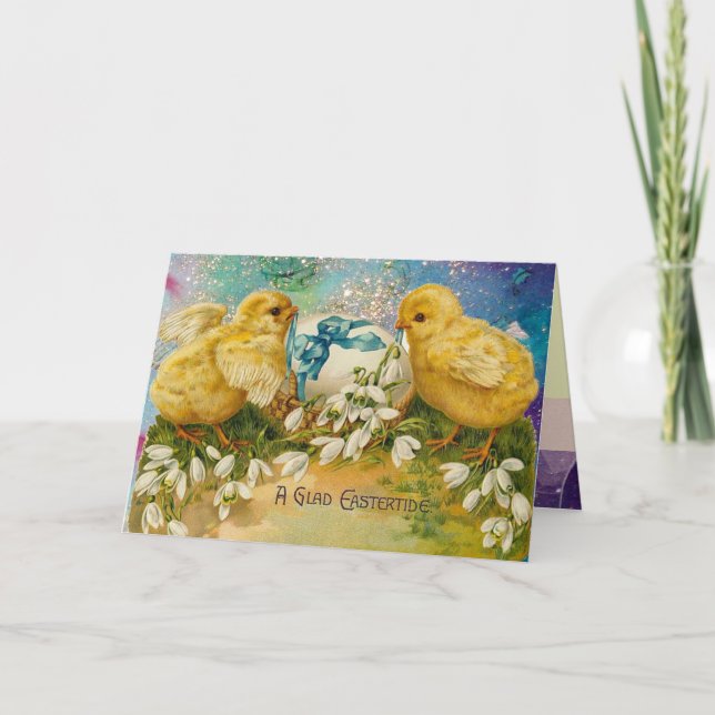 CHICKENS,FLOWERS ,EASTER EGG IN GOLD BLUE SPARKLES HOLIDAY CARD (Front)