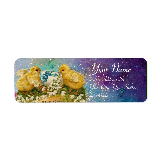 CHICKENS,FLOWERS ,EASTER EGG IN GOLD BLUE SPARKLES LABEL (Front)