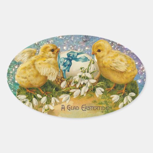 CHICKENSFLOWERS EASTER EGG IN GOLD BLUE SPARKLES OVAL STICKER