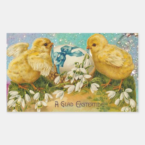 CHICKENSFLOWERS EASTER EGG IN GOLD BLUE SPARKLES RECTANGULAR STICKER