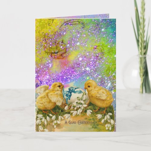 CHICKENSFLOWERS EASTER EGG IN GOLD PURPLE SPARKLE HOLIDAY CARD
