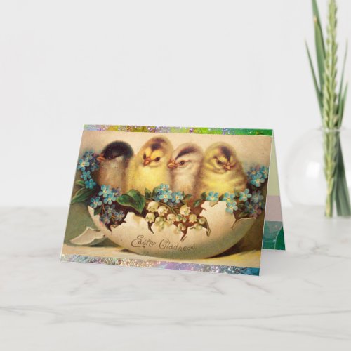 CHICKENSFLOWERS EASTER EGG IN GOLD PURPLE SPARKLE HOLIDAY CARD