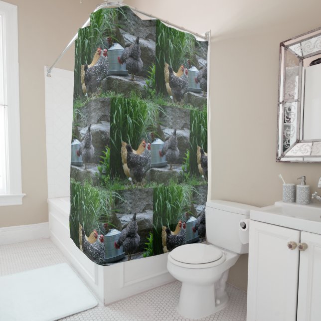 Chickens Gossiping Around The Water Cooler Shower Curtain (In Situ)