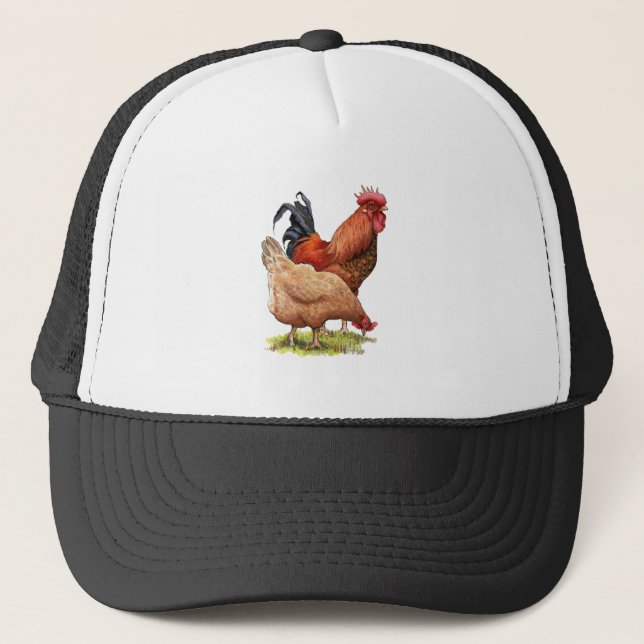 Chickens: Hen and Rooster Color Pencil Drawing Trucker Hat (Front)