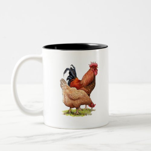 Chickens Hen and Rooster Color Pencil Drawing Two_Tone Coffee Mug