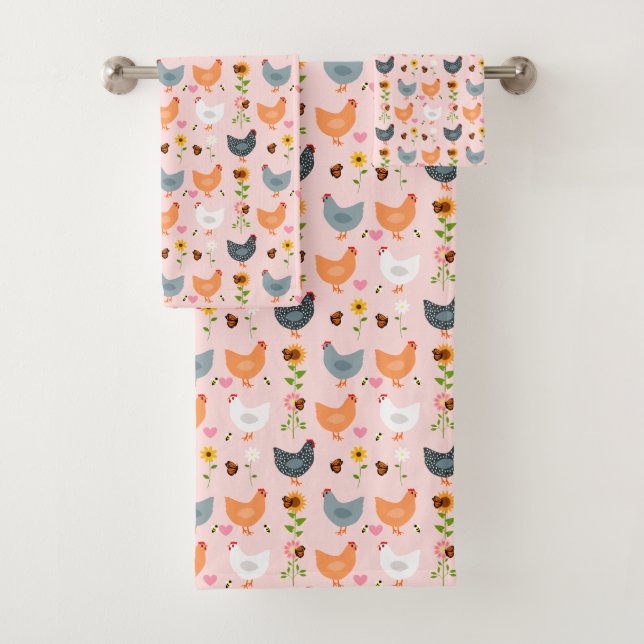 Chickens in Flowers Pink Bath Towel Set (Insitu)