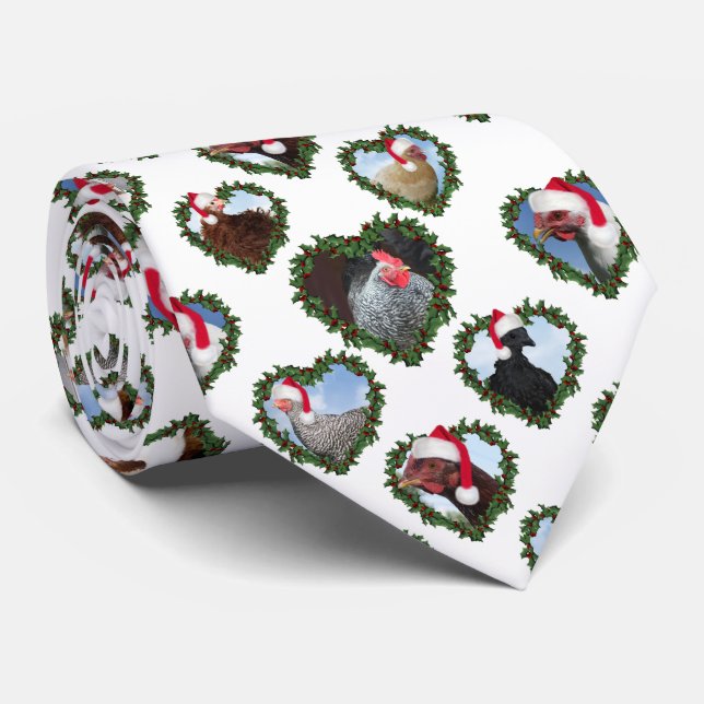 Chickens in Heart Wreath Christmas Neck Tie (Rolled)
