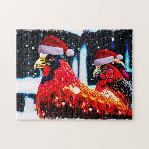 Chickens in Santa Hats Winter Art Puzzle