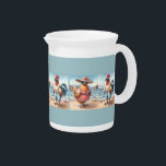 Chickens in Swimsuits at the Seaside Beverage Pitcher<br><div class="desc">This whimsical beach-themed illustration features a charming chicken couple soaking up the sun in their finest vacation attire. The hen dons a retro red polka dot dress with a wide sun hat and oversized sunglasses, while the rooster sports stylish blue-and-white striped swim trunks and shades, all set against a serene...</div>