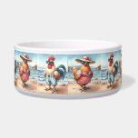 Chickens in Swimsuits at the Seaside Pet Dish<br><div class="desc">This whimsical beach-themed illustration features a charming chicken couple soaking up the sun in their finest vacation attire. The hen dons a retro red polka dot dress with a wide sun hat and oversized sunglasses, while the rooster sports stylish blue-and-white striped swim trunks and shades, all set against a serene...</div>