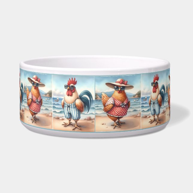 Chickens in Swimsuits at the Seaside Pet Dish (Front)
