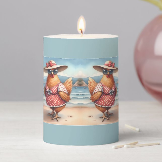 Chickens in Swimsuits at the Seaside Pillar Candle (In Situ)