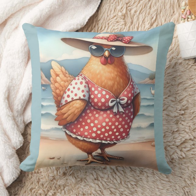 Chickens in Swimsuits at the Seaside Throw Pillow (Blanket)