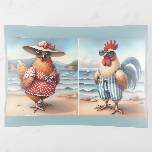 Chickens in Swimsuits at the Seaside Trinket Tray (Front)