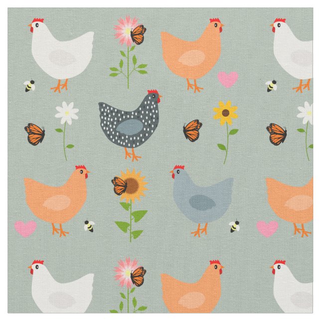 Chickens in the Flower Bed Fabric (Close Up)