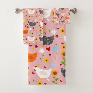 Chickens in the Flower Garden Pink Bath Towel Set