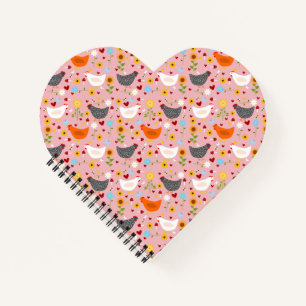 Chickens in the Flower Garden Pink Heart Notebook
