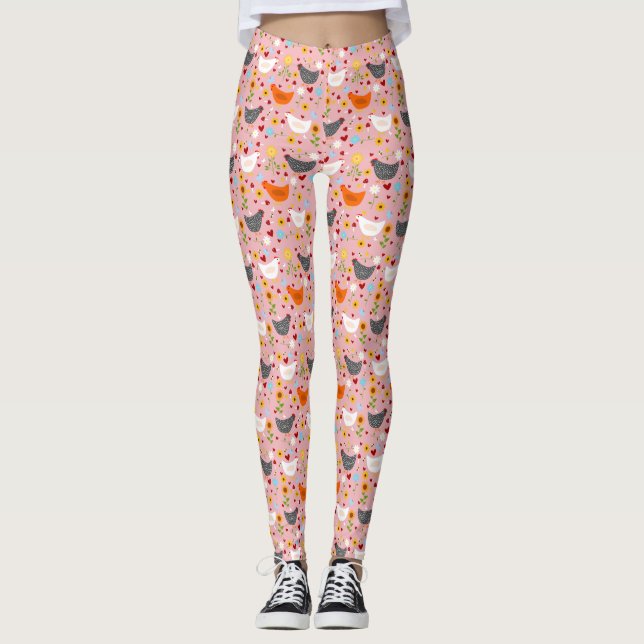 Chickens in the Flower Garden Pink Leggings (Front)