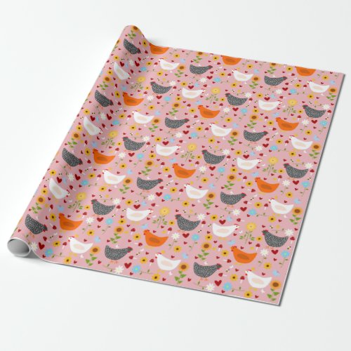 Chickens in the Flower Garden Pink Wrapping Paper