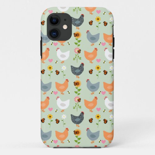 Chickens in the Flowers Green iPhone 11 Case