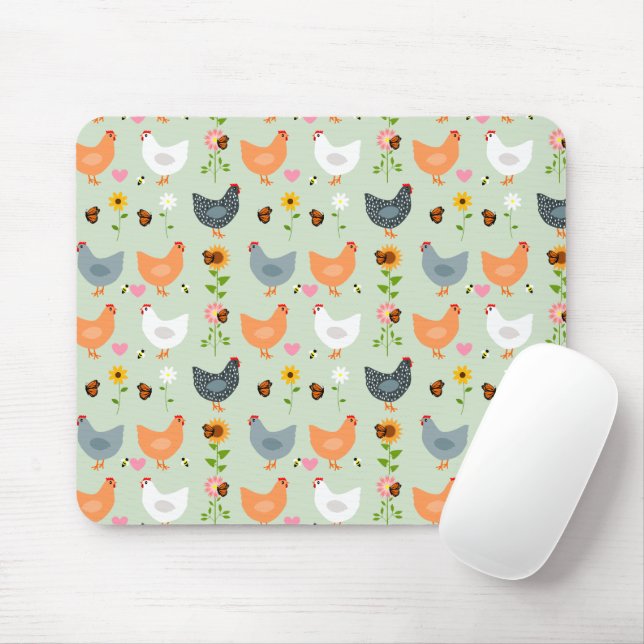 Chickens in the Flowers Green Mouse Pad (With Mouse)