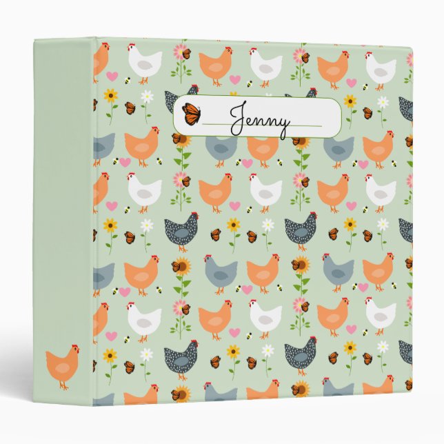 Chickens in the Flowers Green Personalized Binder (Front/Spine)