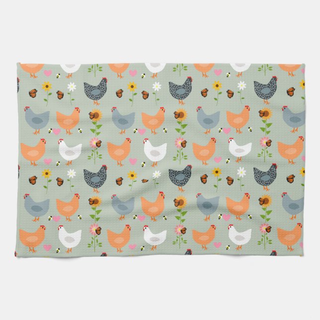 Chickens in the Flowers Kitchen Towel (Horizontal)