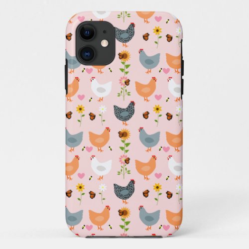 Chickens in the Flowers Pink iPhone 11 Case