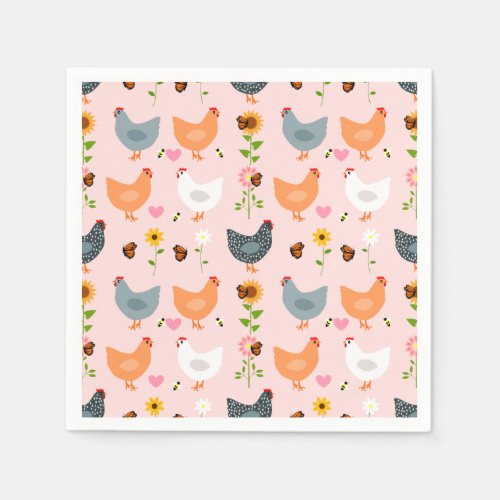 Chickens in the Garden with Flowers and Bugs Napkins