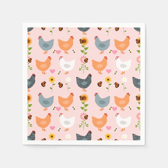 Chickens in the Garden with Flowers and Bugs Napkins (Front)