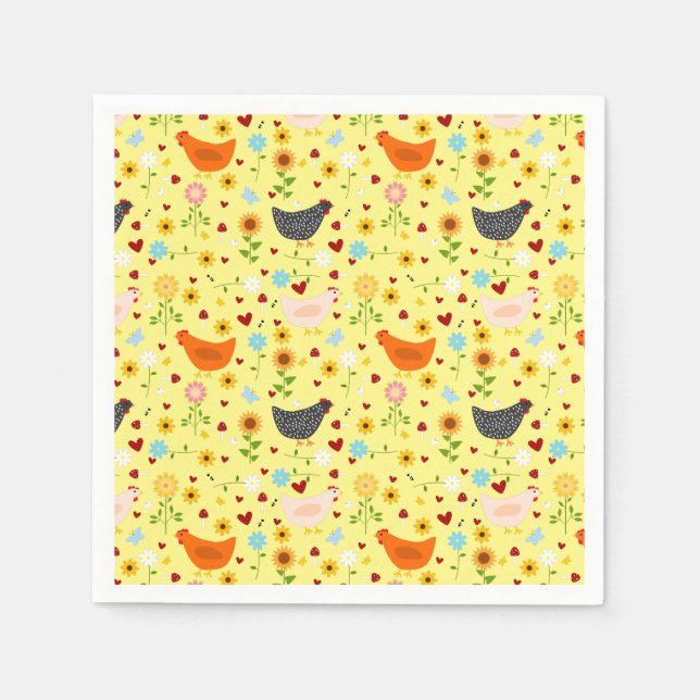 Chickens in the Garden with Flowers and Bugs Napkins (Front)