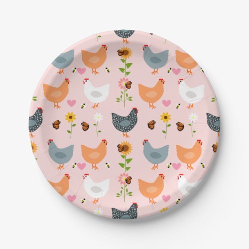 Chickens in the Garden with Flowers and Bugs Paper Plates