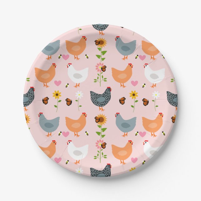 Chickens in the Garden with Flowers and Bugs Paper Plates (Front)
