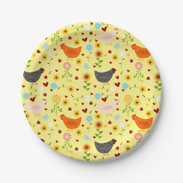 Chickens in the Garden with Flowers and Bugs Paper Plates (Front)