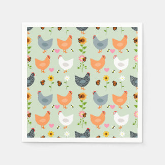 Chickens in the Garden with Flowers, Green Napkins