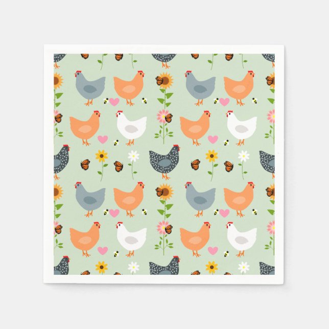 Chickens in the Garden with Flowers, Green Napkins (Front)