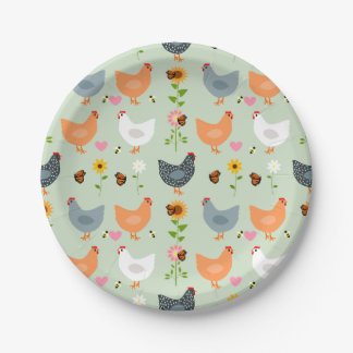 Chickens in the Garden with Flowers, Green Paper Plates