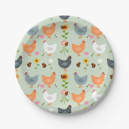 Chickens in the Garden with Flowers Green Paper Plates
