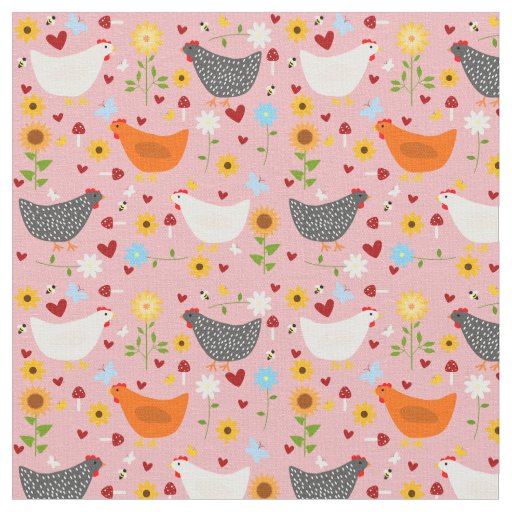 Chickens in the Garden with Flowers Pink Fabric