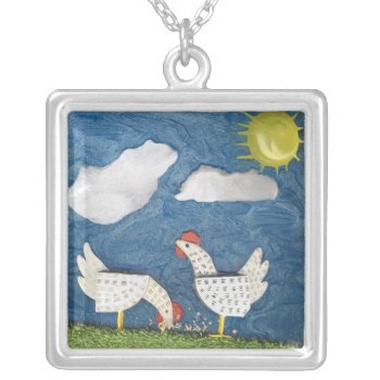 Chickens In The Yard - Diorama Picture Silver Plated Necklace by dbvisualarts at Zazzle