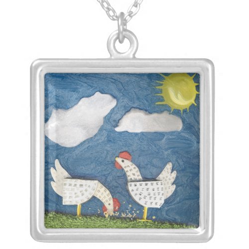 Chickens in the Yard _ diorama picture Silver Plated Necklace