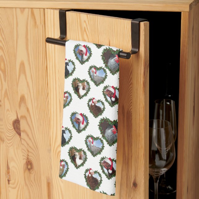 Chickens in Wreath Heart Christmas Kitchen Towel (Thirds Fold)