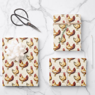 Chickens on Ivory Wrapping Paper Sheets