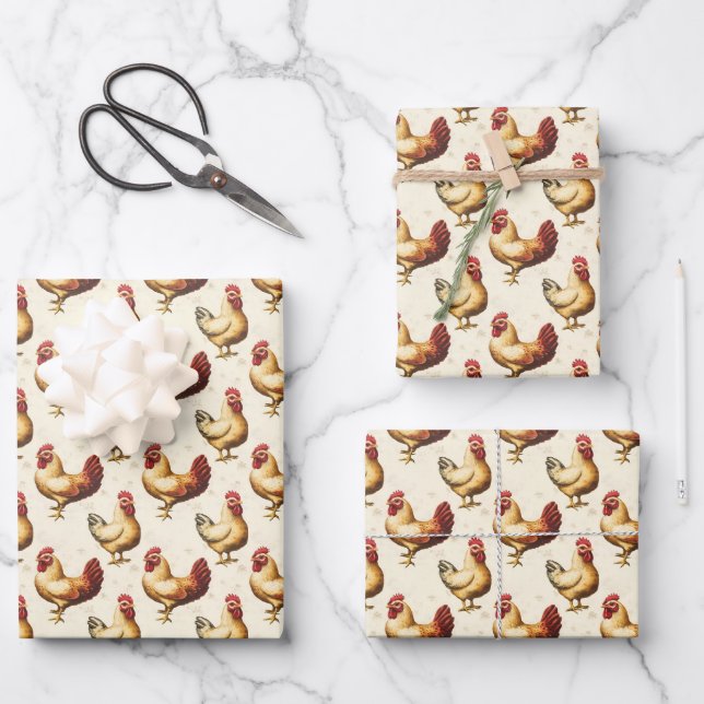Chickens on Ivory Wrapping Paper Sheets (Front)