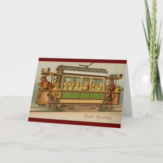 Chickens on Trolley Car Vintage Easter Holiday Card (Front)