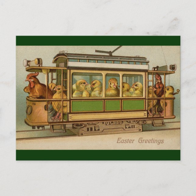 Chickens on Trolley Car Vintage Easter Holiday Postcard (Front)