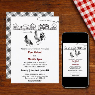 Chickens Rooster and Hen Chicken Farm Wedding Invitation