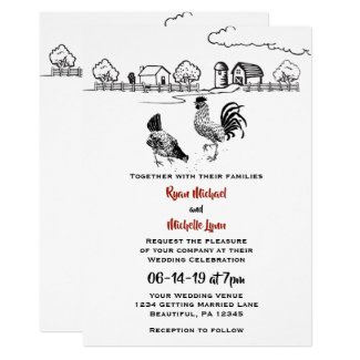 Chickens Rooster and Hen in Love Farm Wedding Invitation