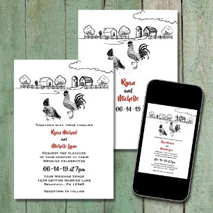Chickens Rooster and Hen in Love Farm Wedding Invitation