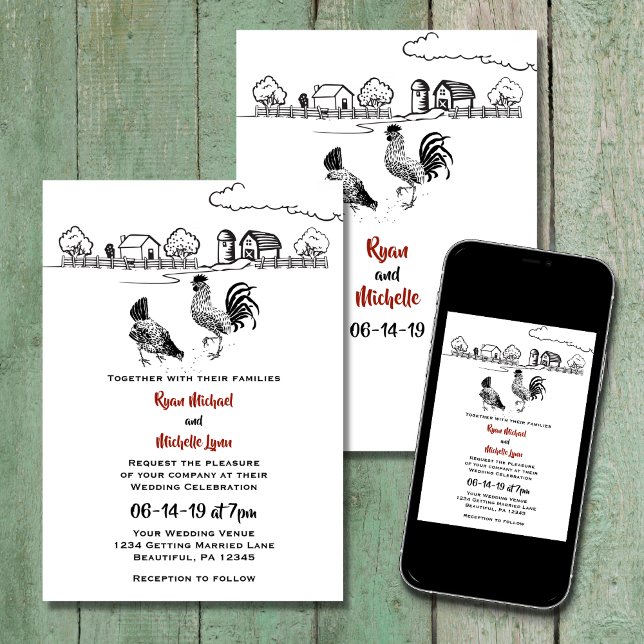 Chickens Rooster and Hen in Love Farm Wedding Invitation (Creator Uploaded)